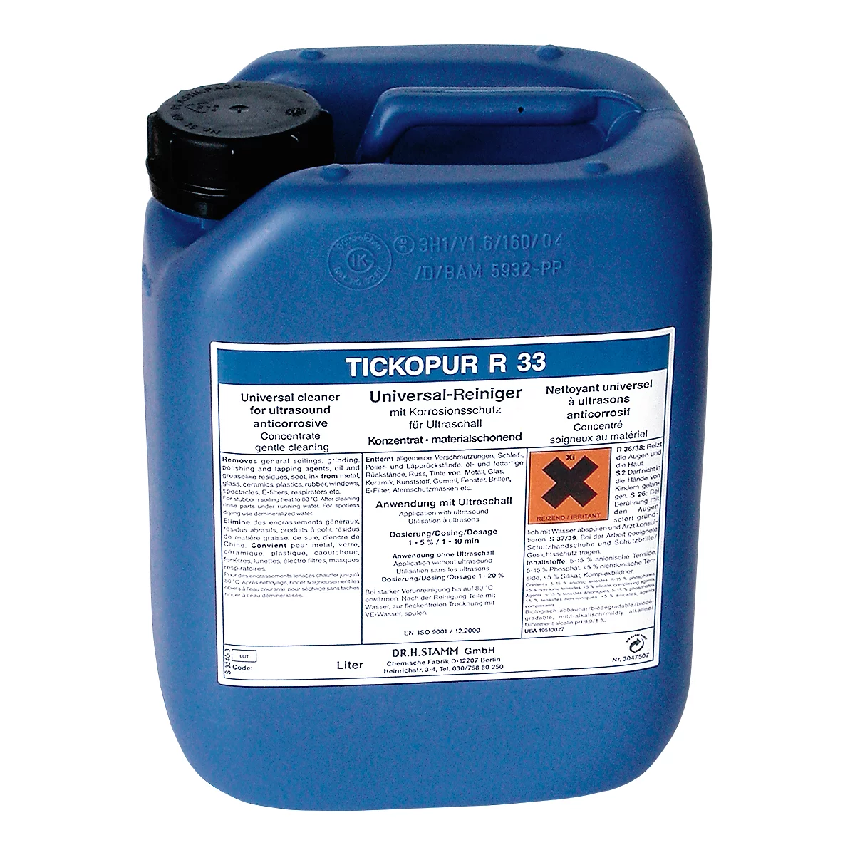 Blauwe reinigingsvloeistof, beschreven met 'TICKOPUR R 33'. Label met productinformatie. Zwarte deksel en handvat.