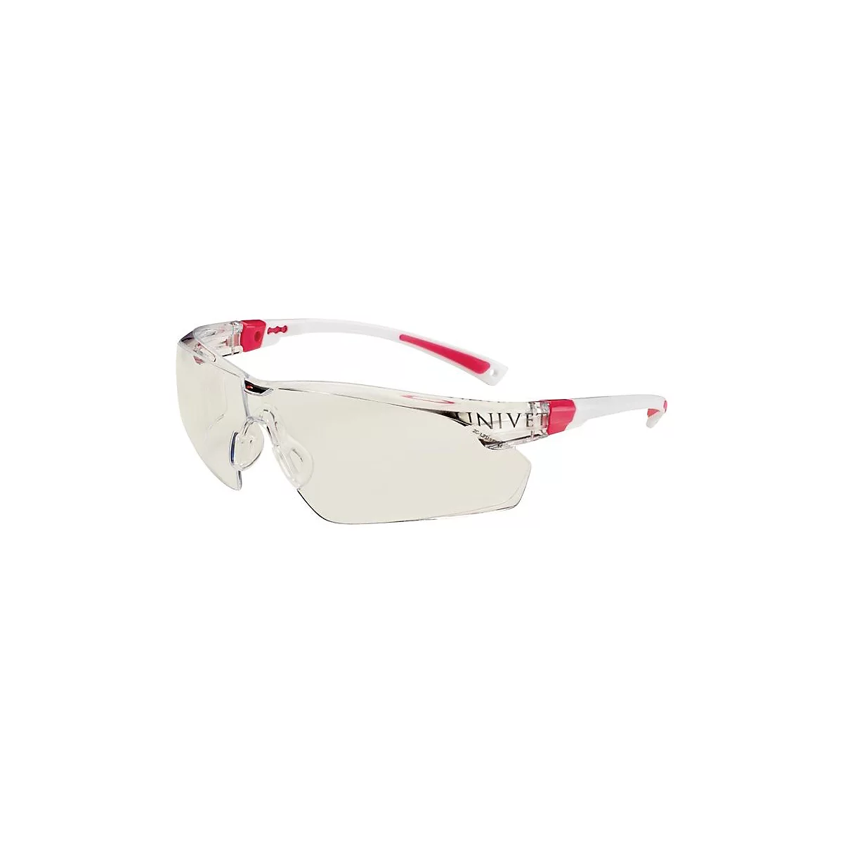 Lunettes de sécurité transparentes avec branches blanches et accents rouges. Le logo UNIVET est visible sur la monture.