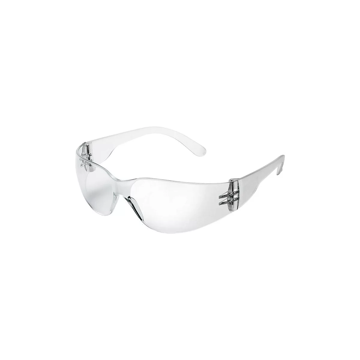 Lunettes de sécurité transparentes avec branches. Les verres sont grands et protègent les yeux.