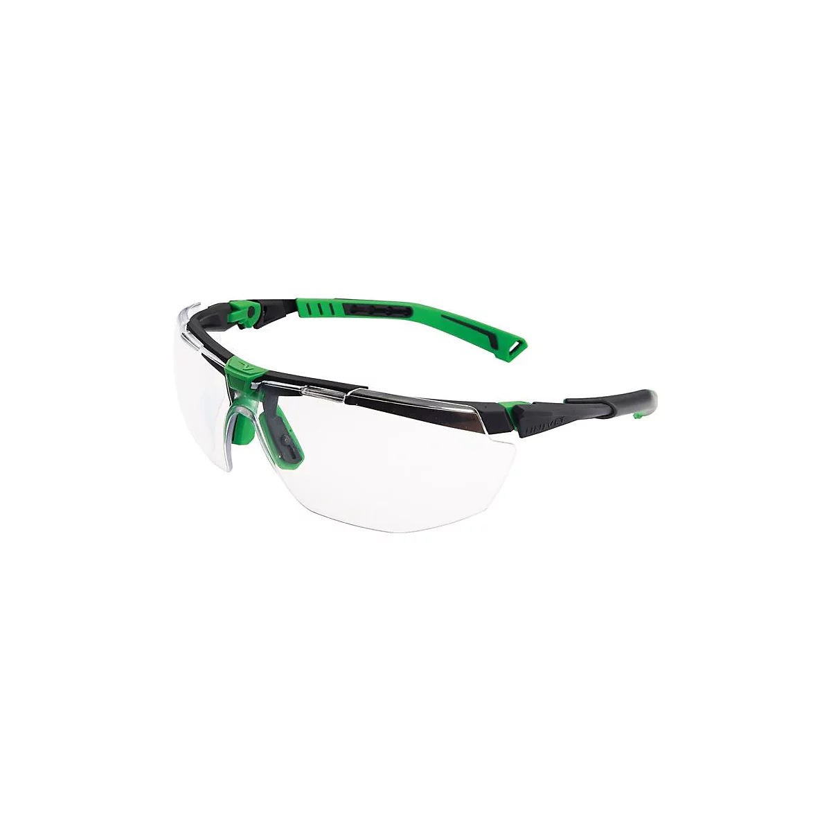 Lunettes de sécurité avec verres transparents, accents verts et noirs.