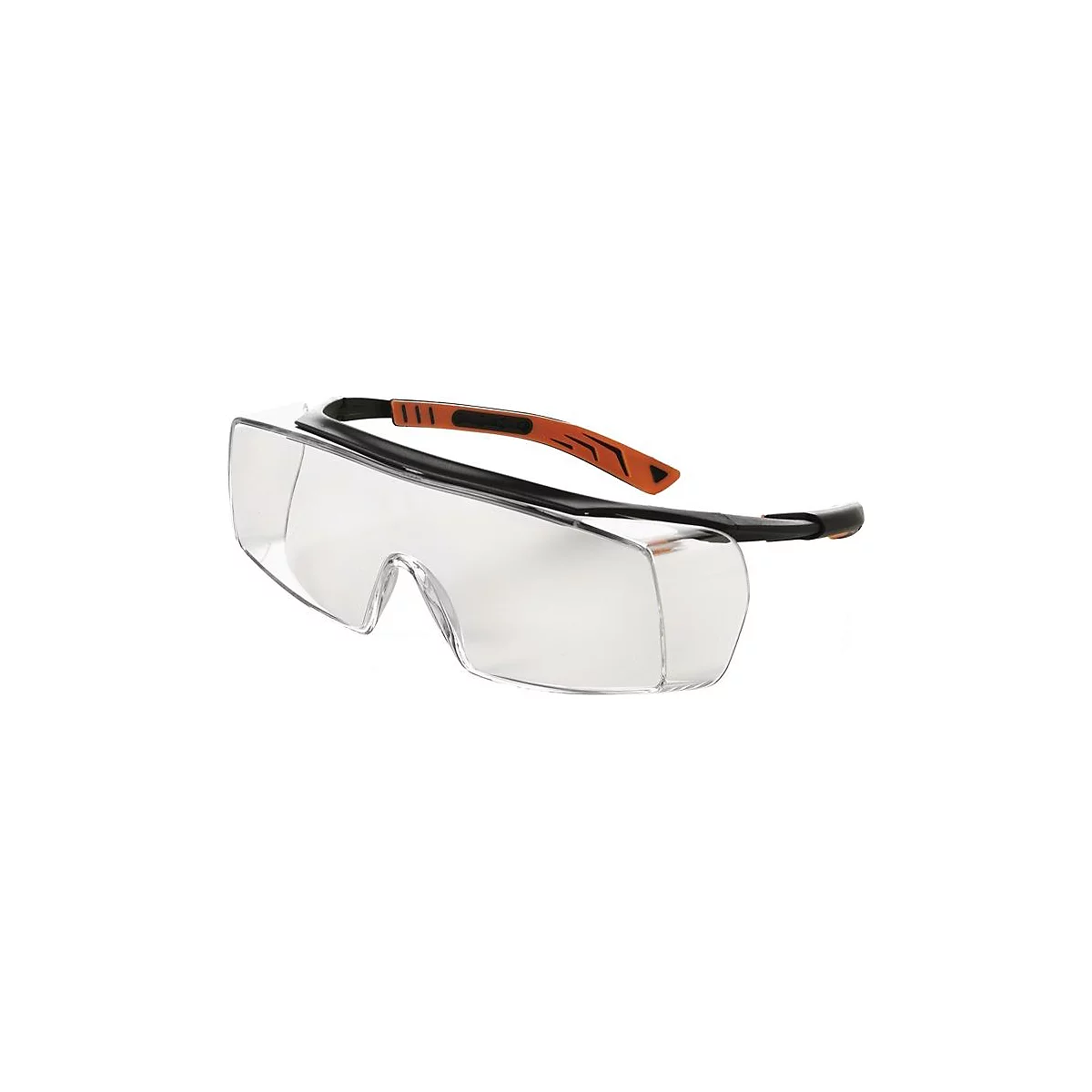 Lunettes de protection en plastique transparent avec une monture noire et des accents orange.