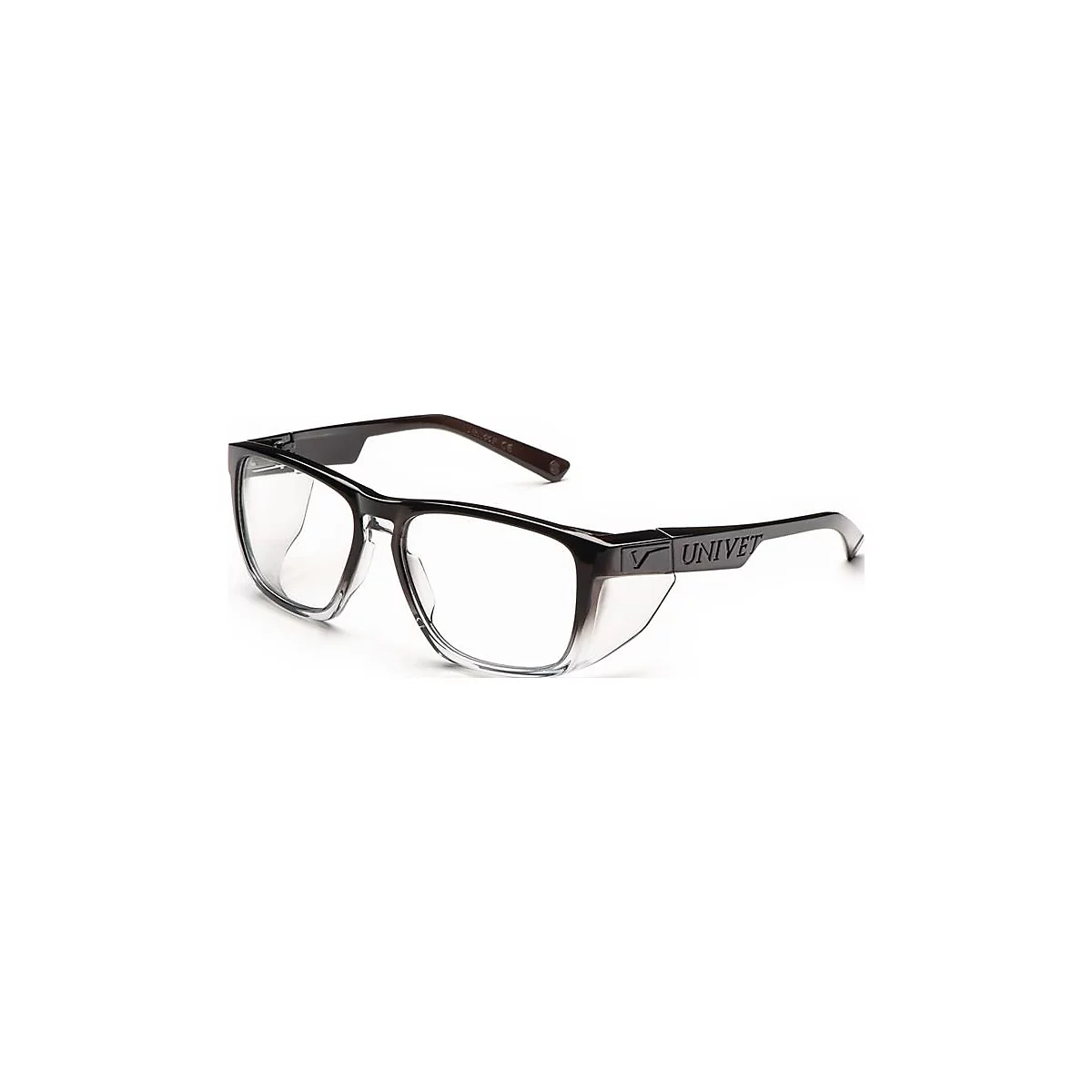 Lunettes de sécurité gris foncé avec verres transparents et le mot "UNIVET".