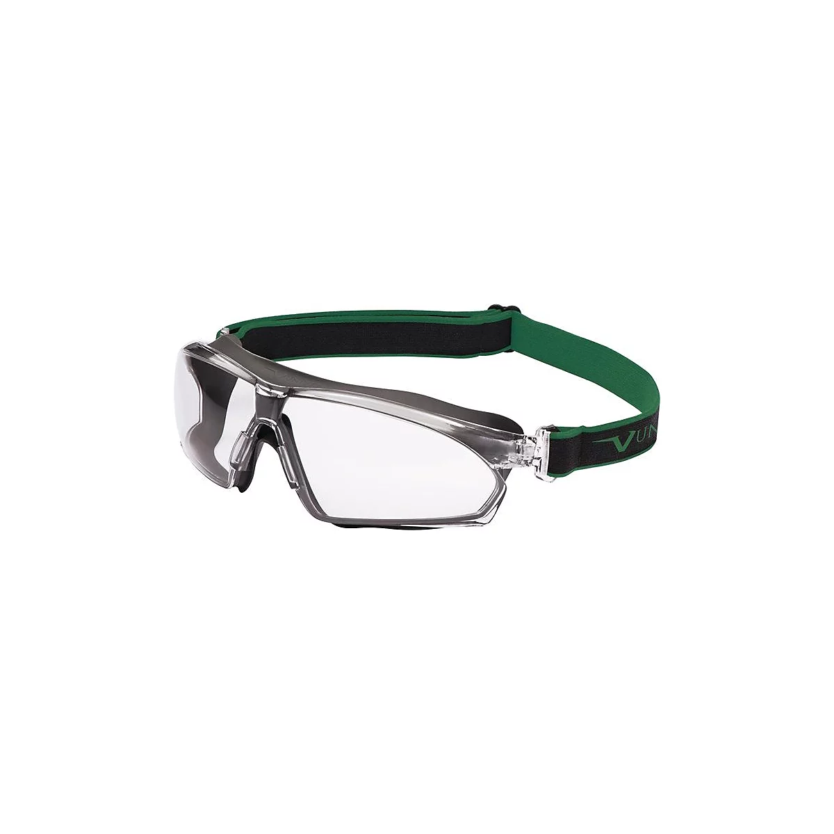 Lunettes de sécurité avec verres transparents et sangle verte. La monture est grise. Il y a des lettres sur la sangle.