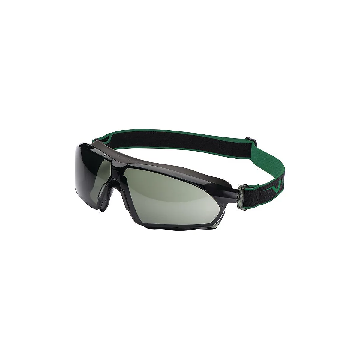 Lunettes de sécurité noires avec bandeau vert. Les verres sont teintés, le bandeau est réglable.