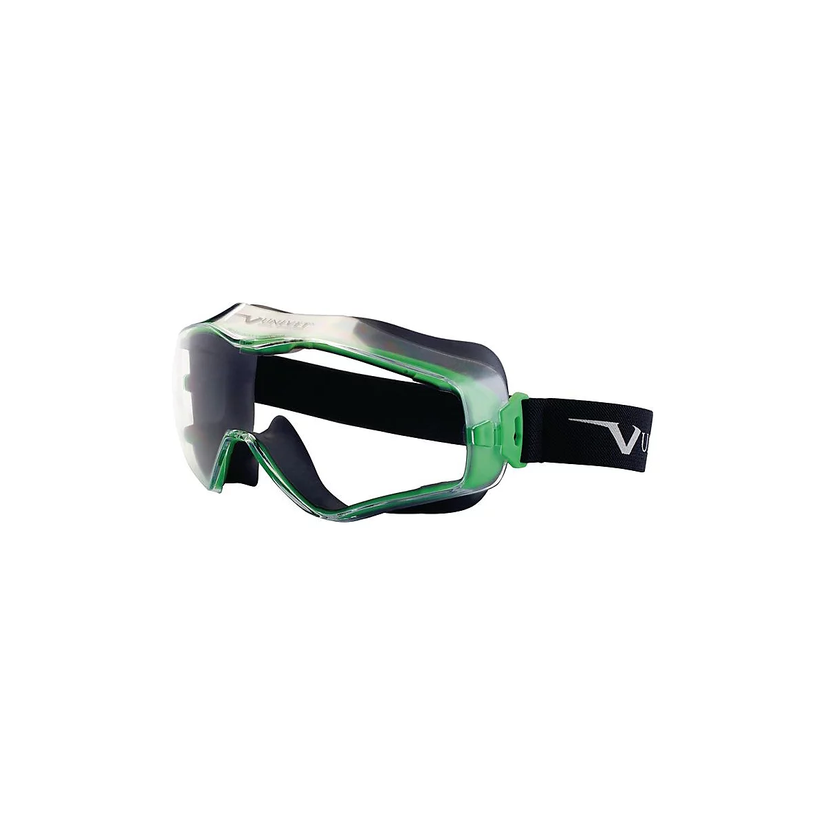 Lunettes de protection avec des accents verts, un bandeau noir et l'impression "VU".