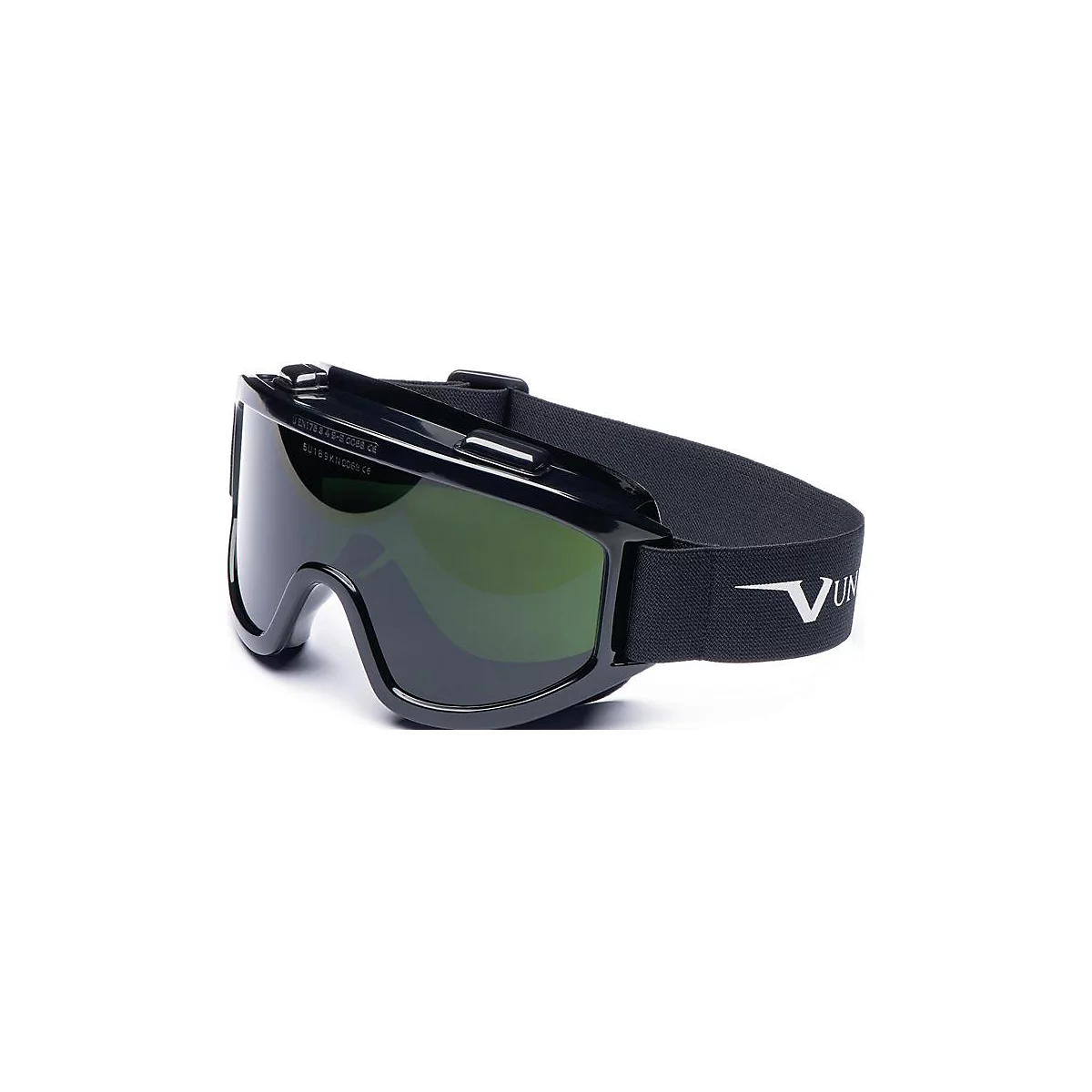 Lunettes de protection noires avec verres verts et une sangle noire avec un logo blanc.