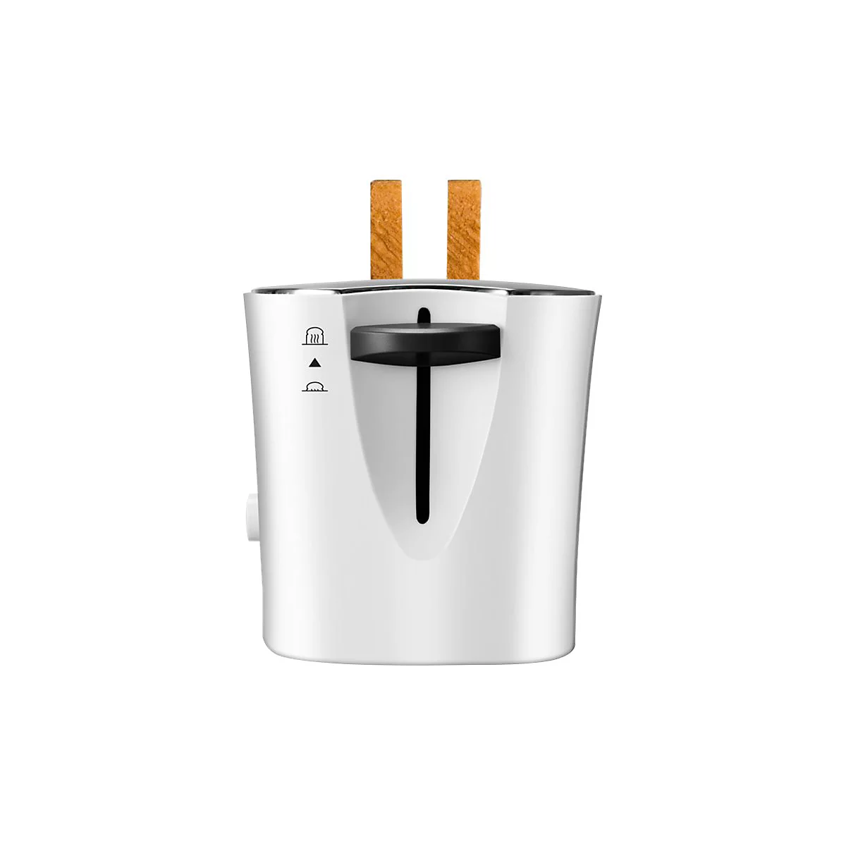Weißer Toaster mit zwei goldenen Toastscheiben, die aus den Schlitzen herausragen.