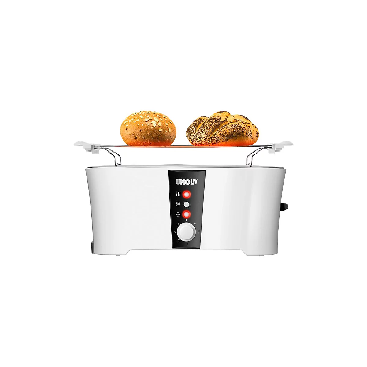 Weißer Langschlitz-Toaster von Unold mit Brötchenaufsatz und zwei aufgebackenen Brötchen vor weißem Hintergrund.