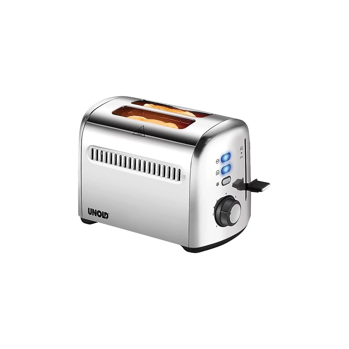 Moderner, silberner Unold Toaster mit glänzendem Edelstahlgehäuse und leuchtend blauen Funktionsanzeigen.