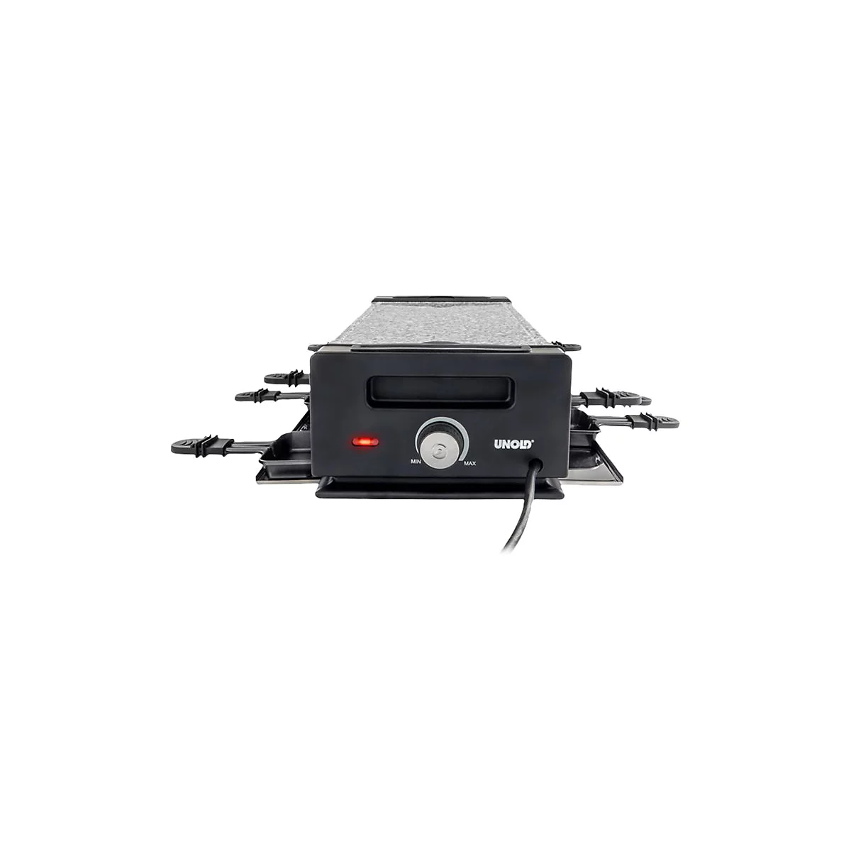 Schwarzer Raclette-Grill der Marke Unold mit Steinplatte, Kontrollleuchte und Temperaturregler.