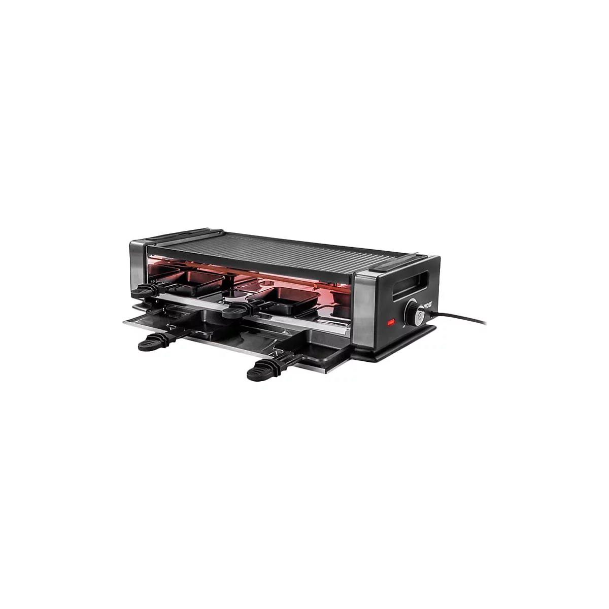 Schwarzer Raclette-Grill mit geriffelter Grillplatte, vier Pfännchen und seitlichem Drehregler vor weißem Hintergrund.