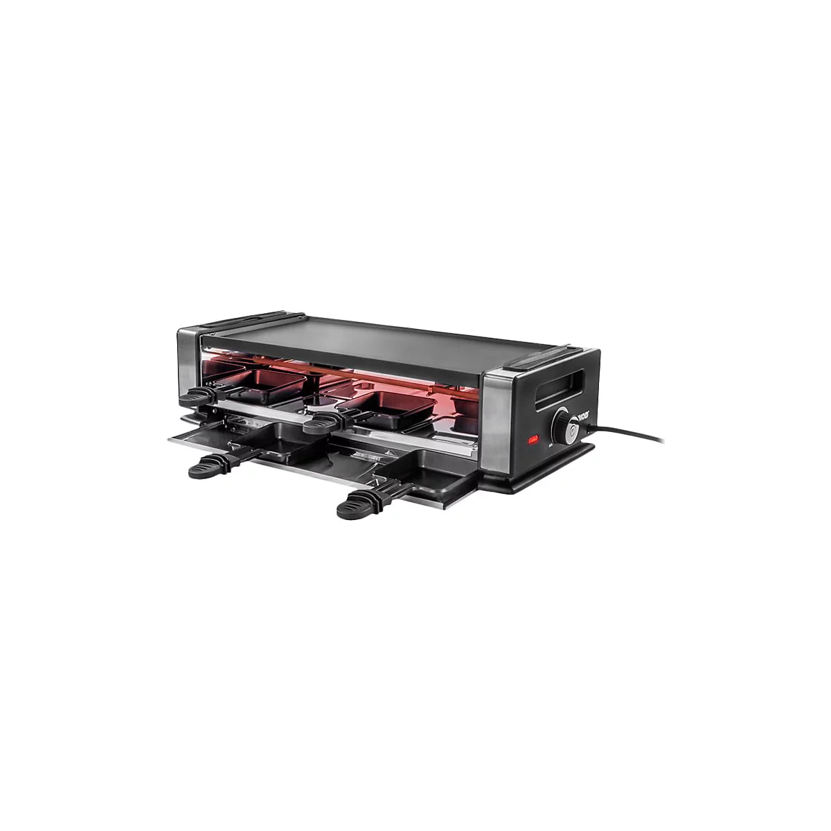 Elektrischer Raclette-Grill mit acht Pfännchen und schwarzer Grillplatte auf weißem Grund.