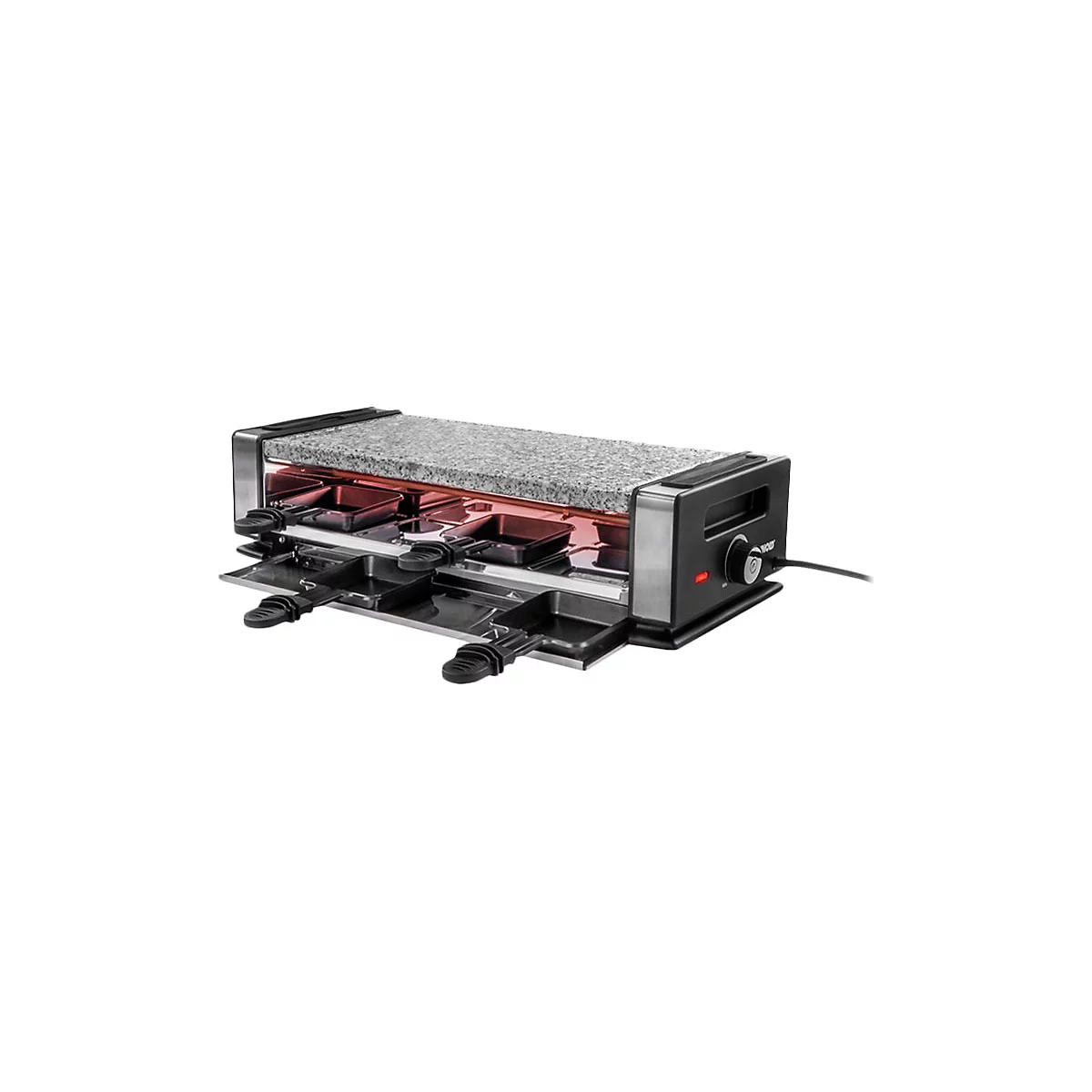 Raclette-Grill mit Steinplatte und mehreren Pfännchen auf weißem Hintergrund.