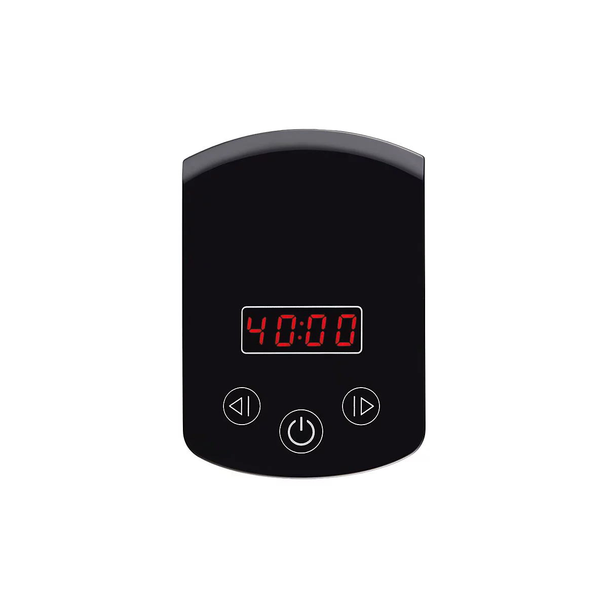 Schwarzes Steuergerät mit digitaler roter Zeitanzeige und drei Touch-Tasten: Start/Stopp, Ein/Aus und Vorlauf.