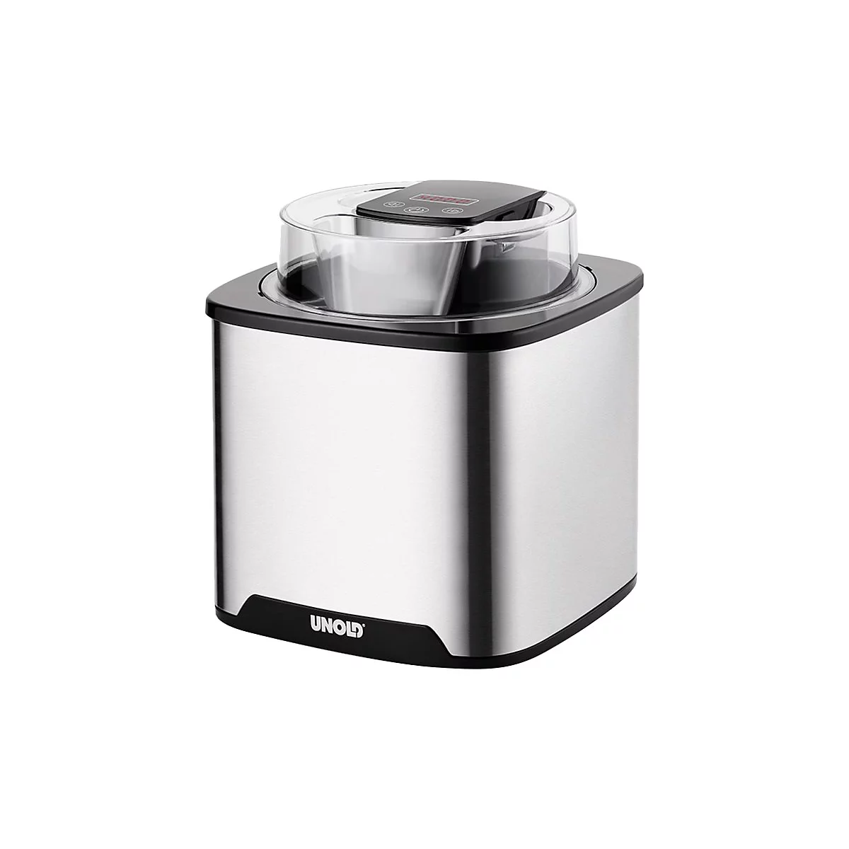 Eismaschine aus Edelstahl mit schwarzem Sockel und digitalem Bedienfeld auf weißem Hintergrund.