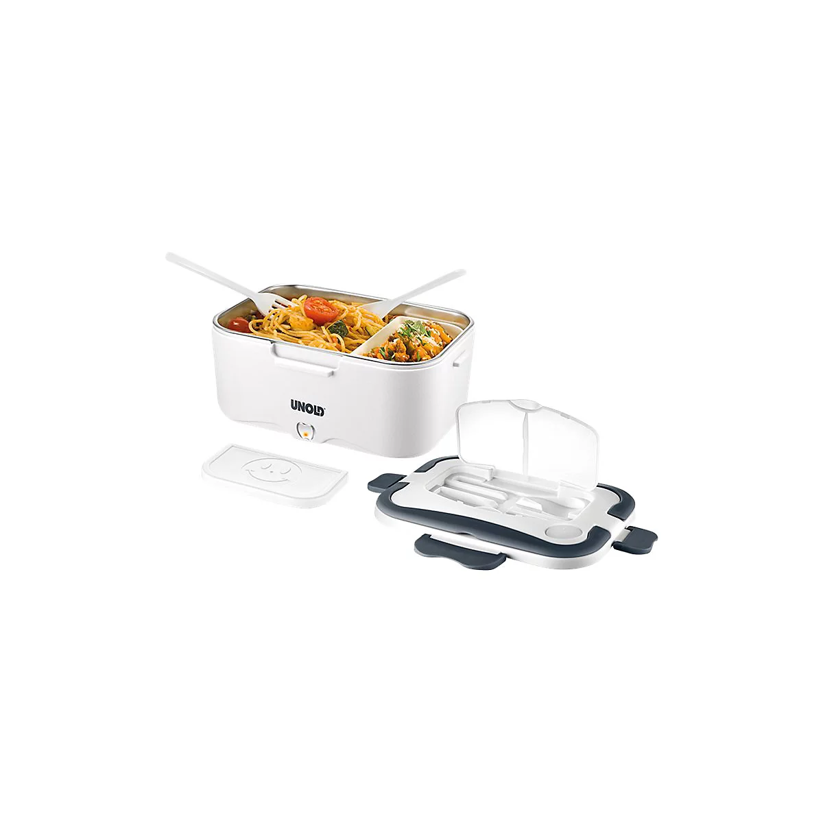 Weiße elektrische Lunchbox von Unold gefüllt mit Spaghetti und einer weiteren Speise, daneben der Deckel mit Besteck.