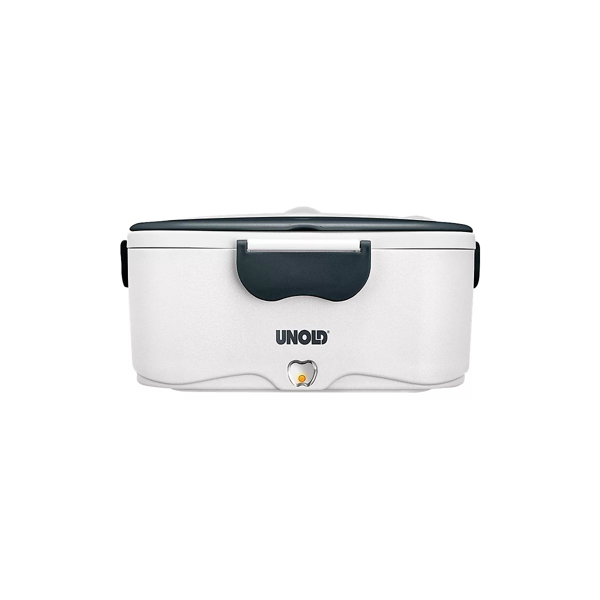 Weiße, längliche Lunchbox von Unold mit grauem Deckel, Verschlussklemmen und einer kleinen Kontrollleuchte vorn.