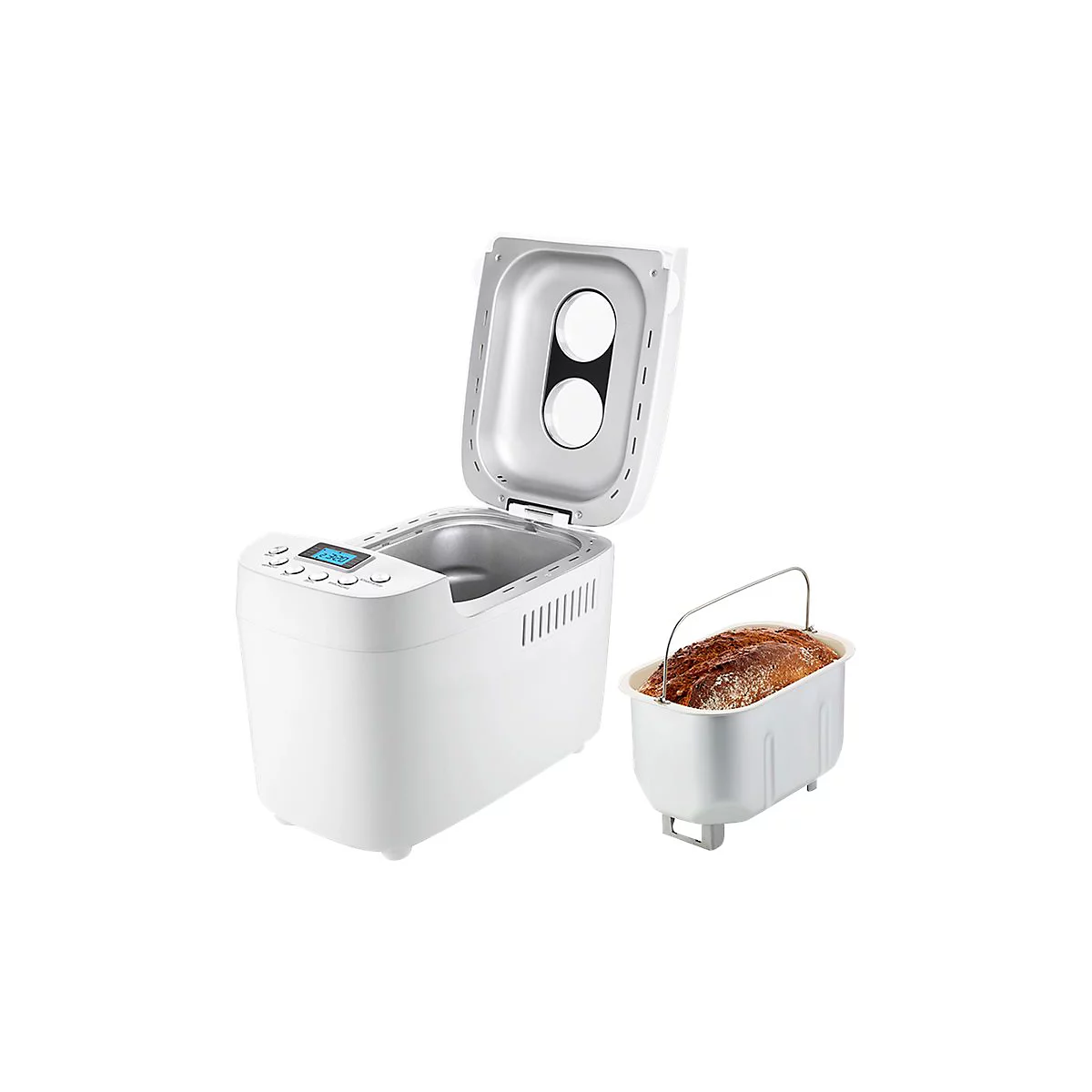 Ein weißer Brotbackautomat mit geöffnetem Deckel steht neben einem Backbehälter mit frischem Brot.