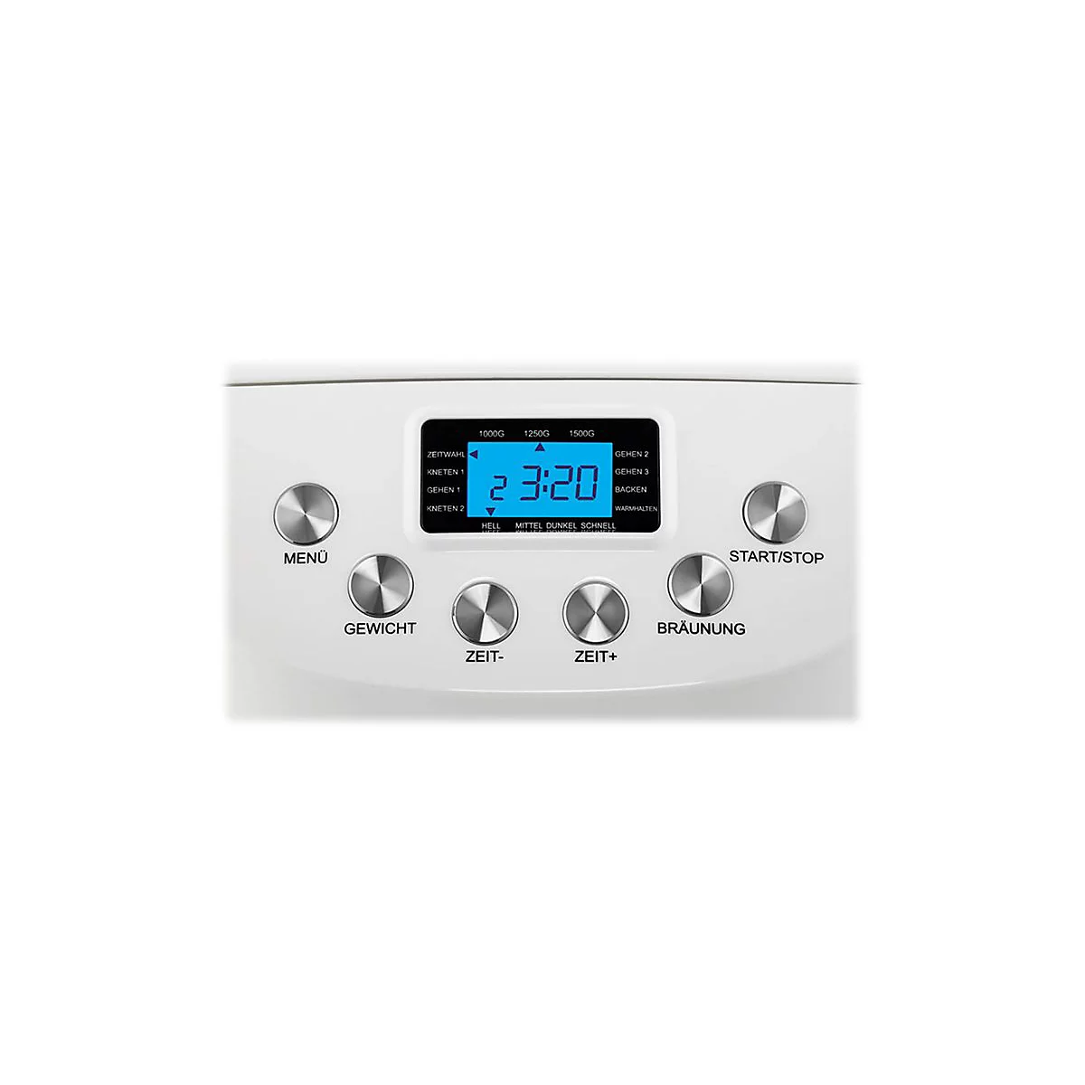 Nahaufnahme des Bedienfelds eines Brotbackautomaten mit blauem LCD-Display und silbernen Metallknöpfen.