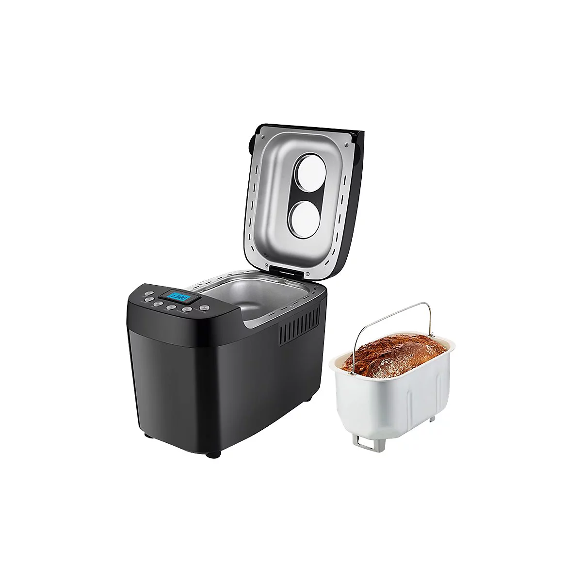 Schwarzer Brotbackautomat mit geöffnetem Deckel und herausgenommener Backform mit fertigem Brot daneben.