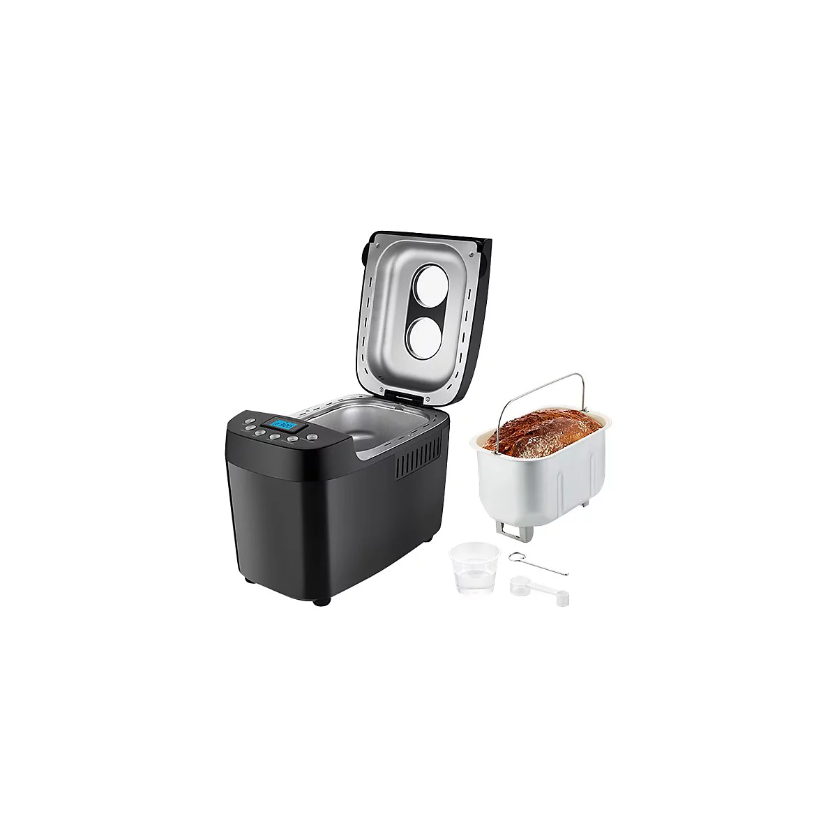 Schwarzer Brotbackautomat mit geöffnetem Deckel und entnommener Backform mit frisch gebackenem Brot.