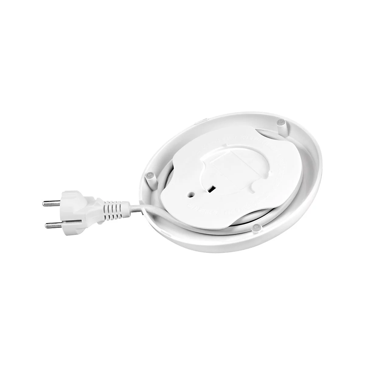 Die Unterseite eines runden, weißen elektrischen Geräts mit einem Stromkabel und Schuko-Stecker.