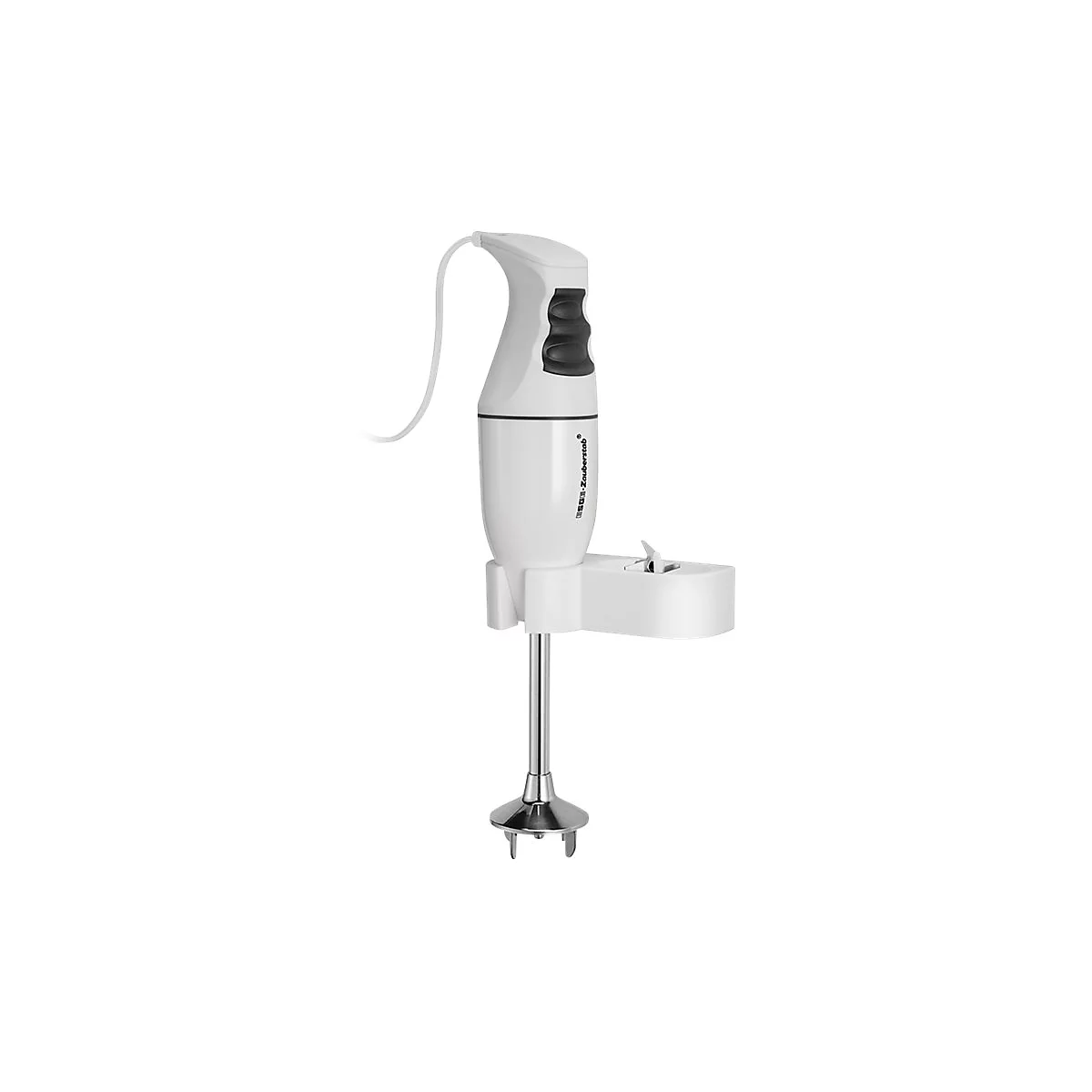 Weißer Stabmixer mit Standfuß, Edelstahl-Mixkopf und schwarzem Bedienelement auf weißem Grund.