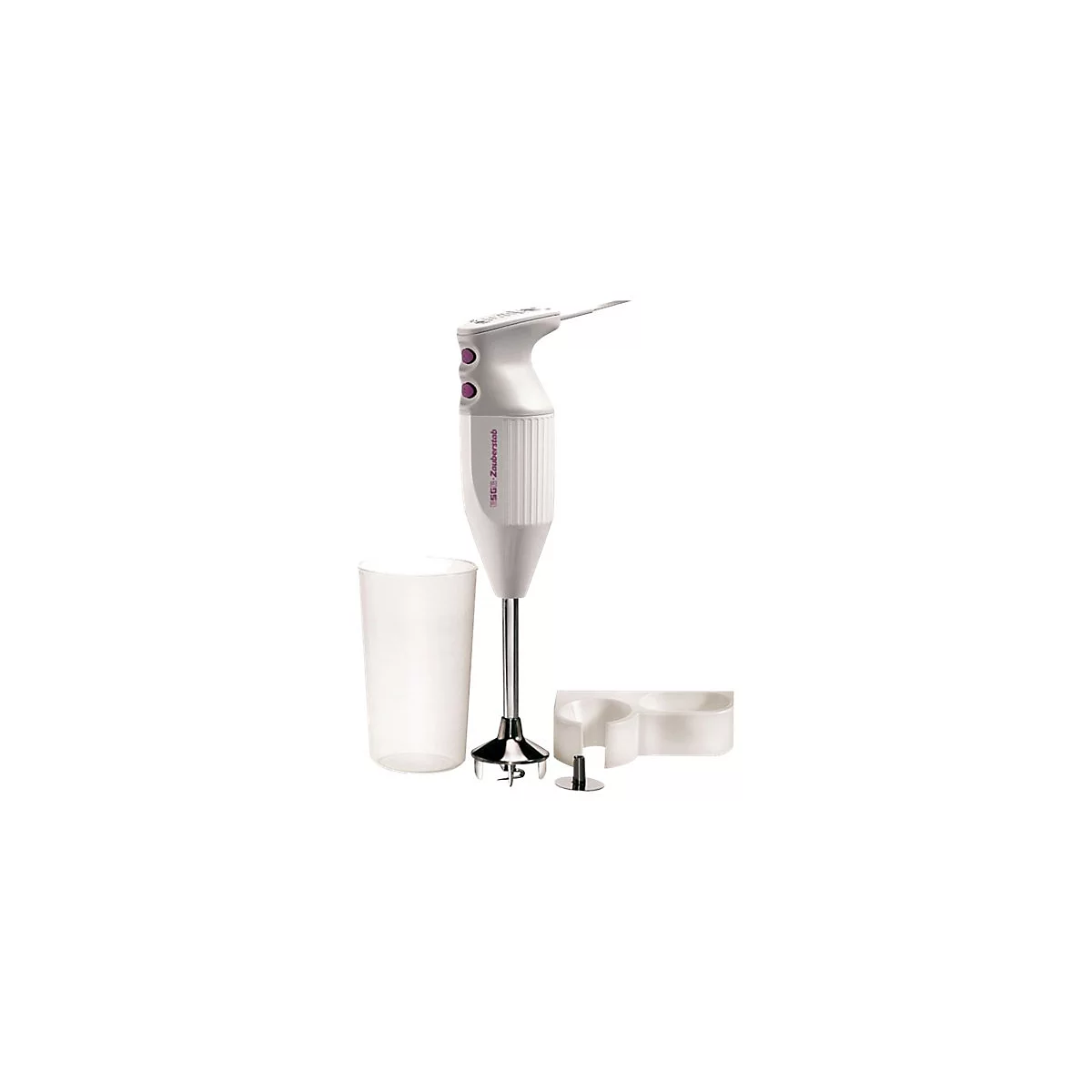 Weißer Stabmixer mit Zubehör und Becher vor neutralem Hintergrund.