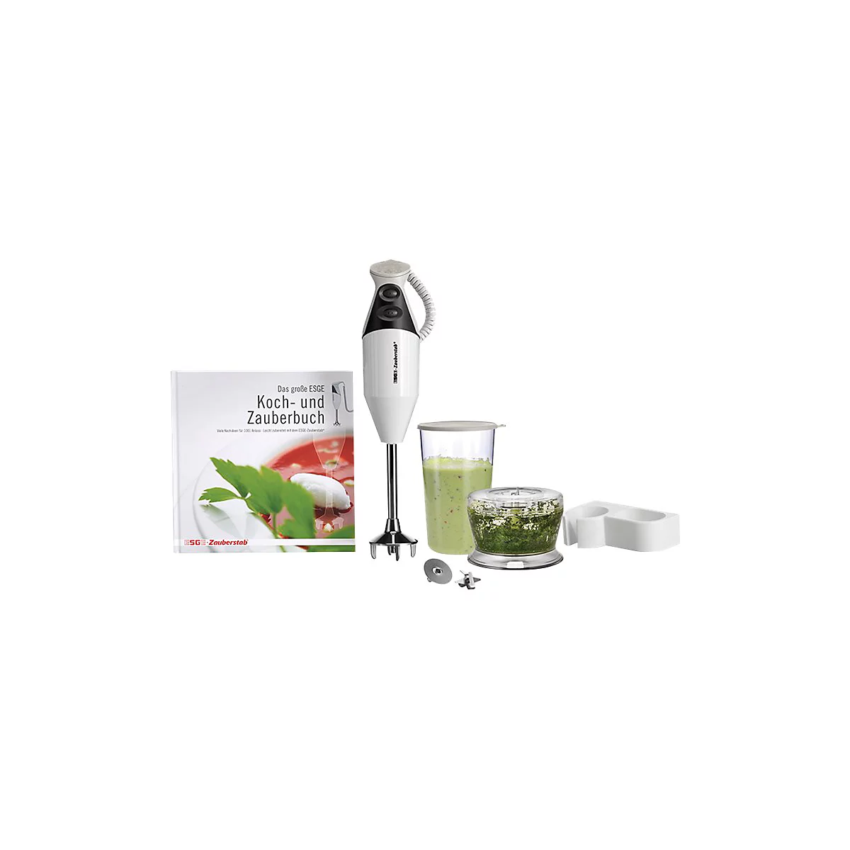 ESGE-Zauberstab Set mit Stabmixer, Kochbuch, Messbecher, Zerkleinerer, Aufsätzen und Wandhalterung.