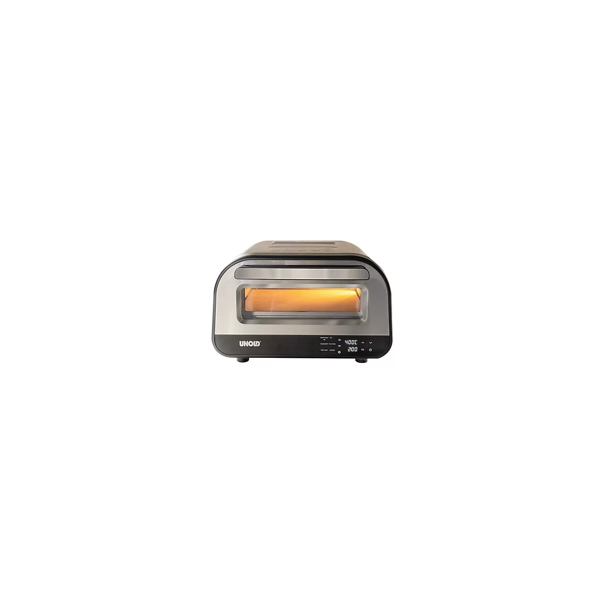 Elektrischer Unold Pizzaofen mit Edelstahlgehäuse, Sichtfenster und digitalem Touch-Display auf schwarzer Basis.