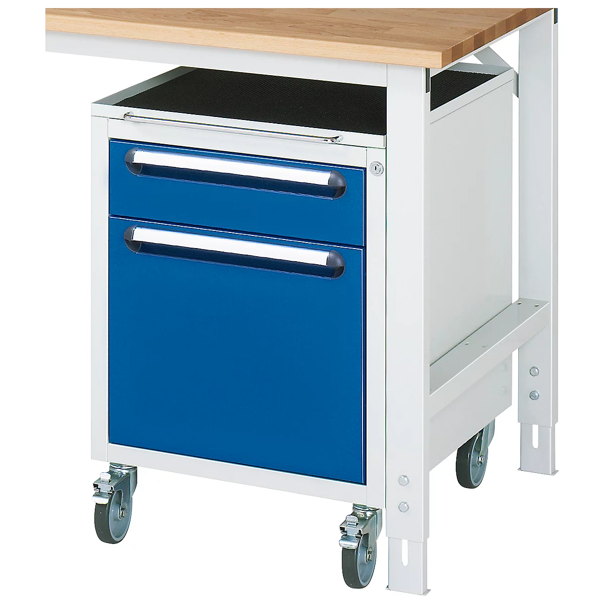 Werkbank mit Schubladenschrank in Blau und Weiß, auf Rollen.