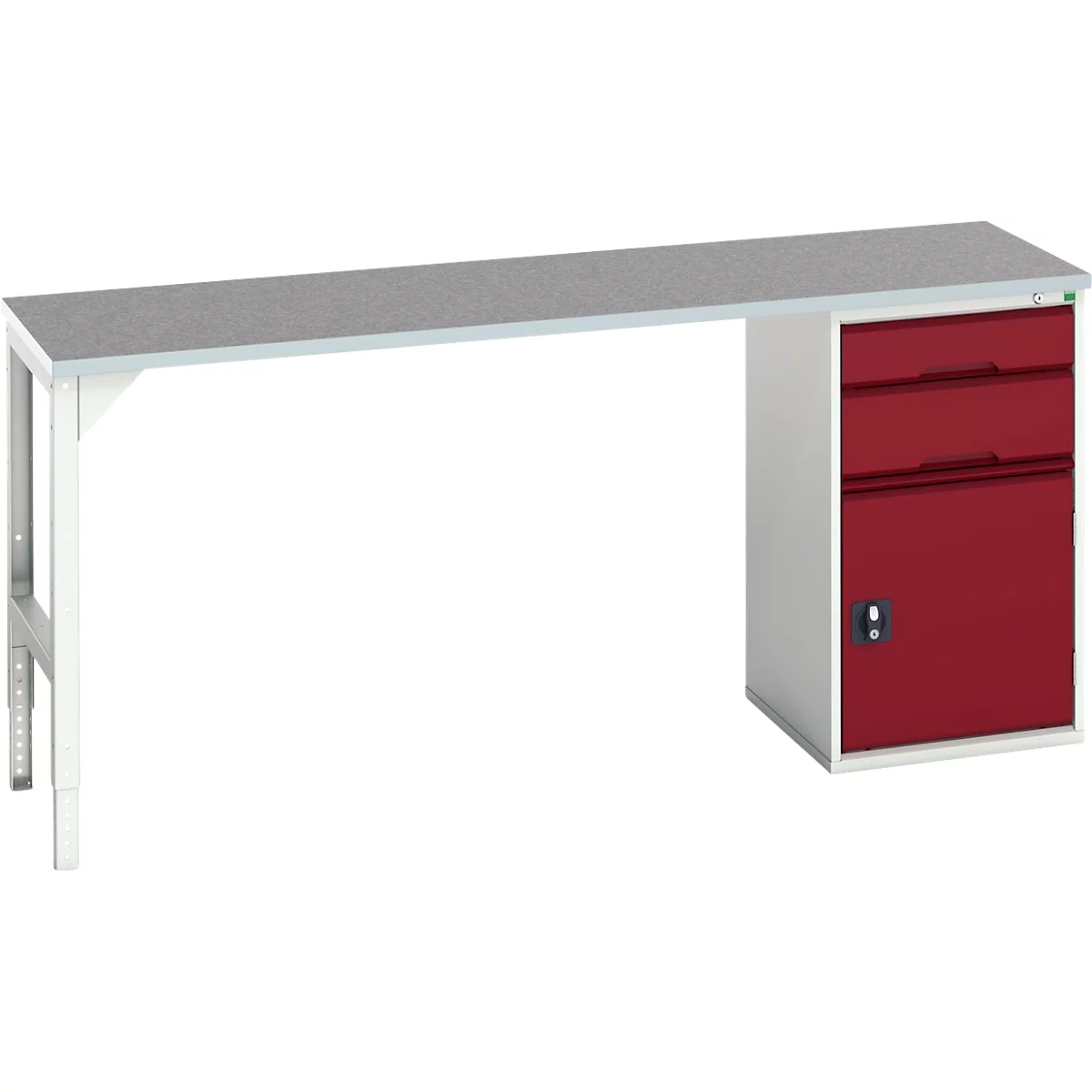 Unterbauwerkbank Bott verso, Linoleum-Platte, 2 Schubladen, 1 Tür, 1 Ablageboden, B 2000 x T 600 x H 930 mm, Lichtgrau / Purpurrot