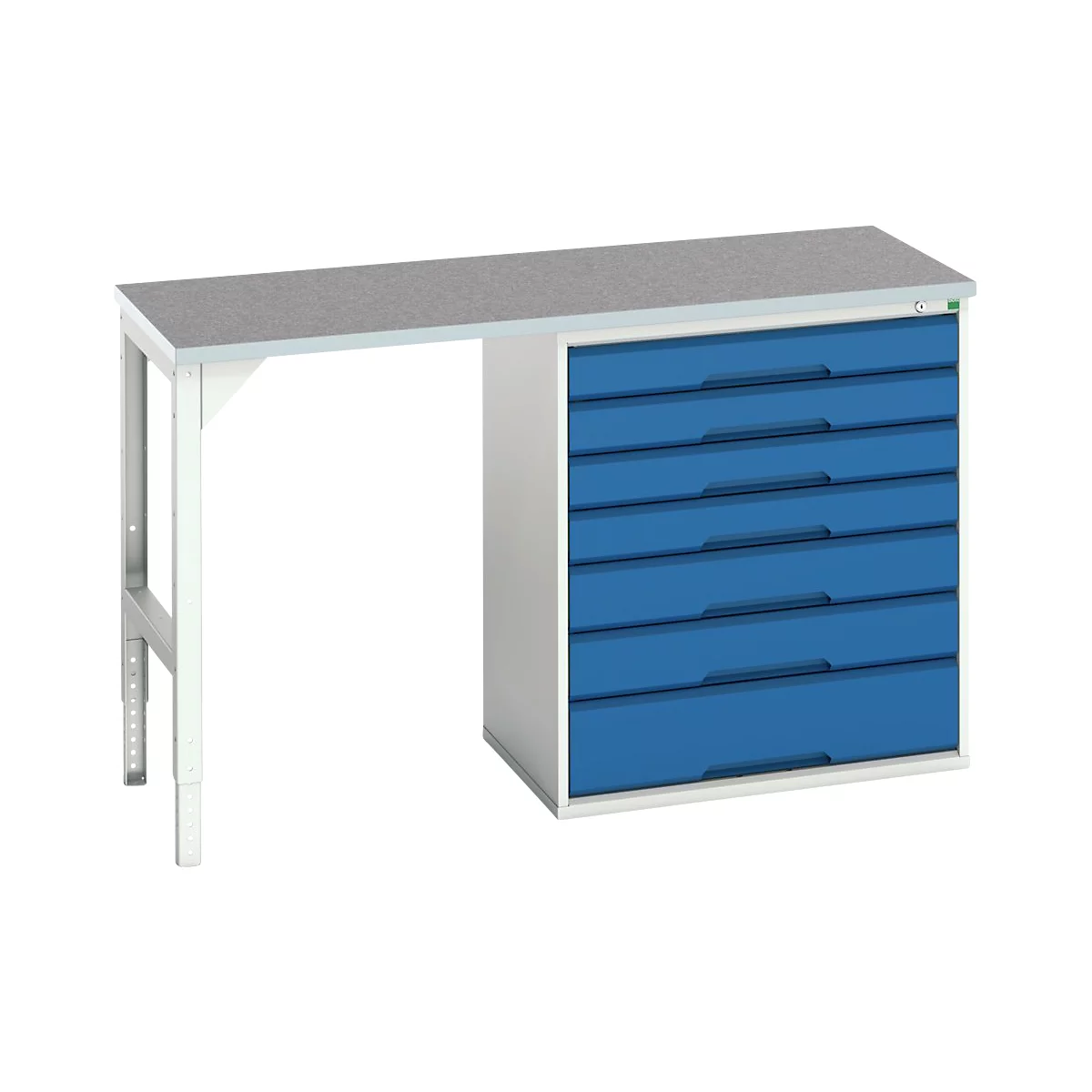 Unterbauwerkbank Bott verso, Linoleum-Platte, 7 Schubladen, B 1500 x T 600 x H 930 mm, Lichtgrau / Enzianblau