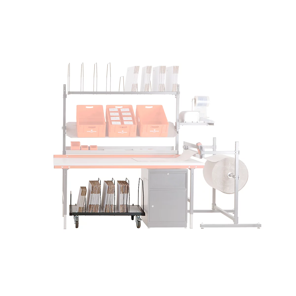 Untertischmagazin für Pack- und Arbeitstisch Rocholz System 1600/2000, kurz, bis zu 100 Faltkartons, B 1015 x T 600 x H 604 mm, hellgrau