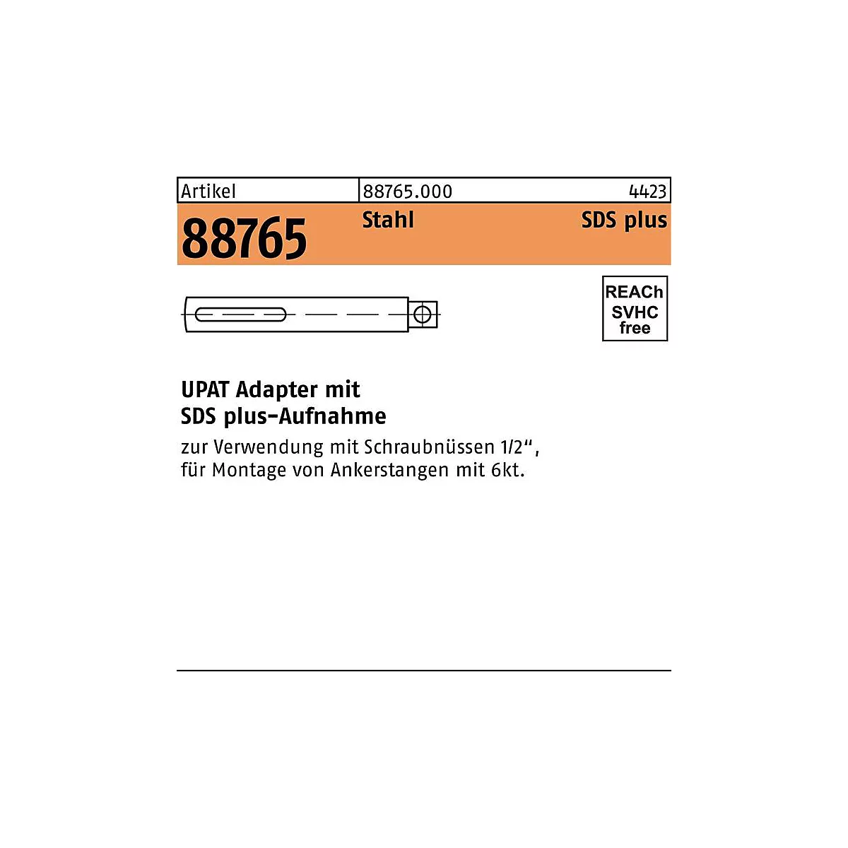 UPAT adapter R 88765, SDS-PLUS 1/2VK, staal, hamerbooradapter, 1 stuk