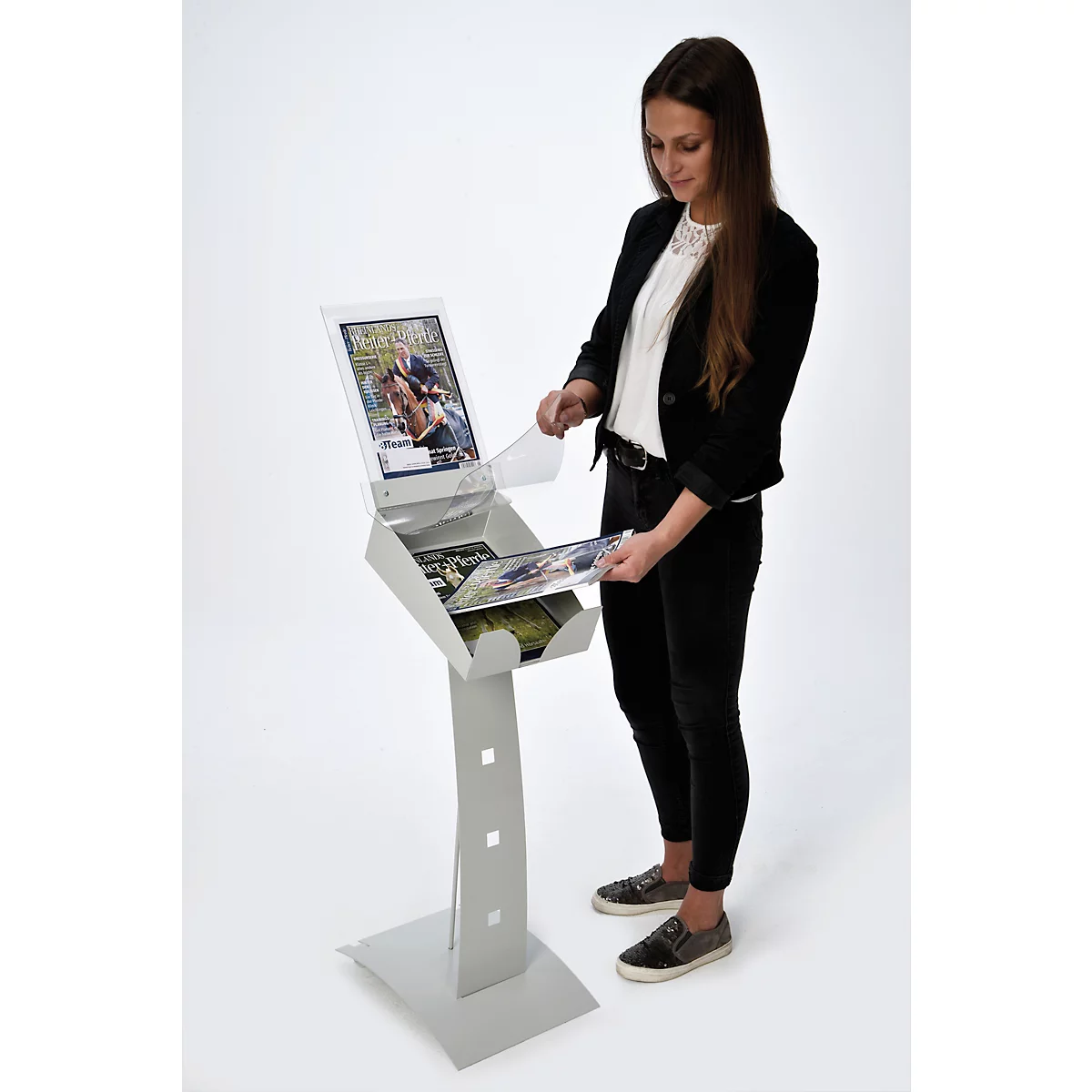 Update Display brochurehouder Outdoor PLUS, DIN A4, verrijdbaar met wielen, geperforeerd plaatstalen ontwerp, zilver
