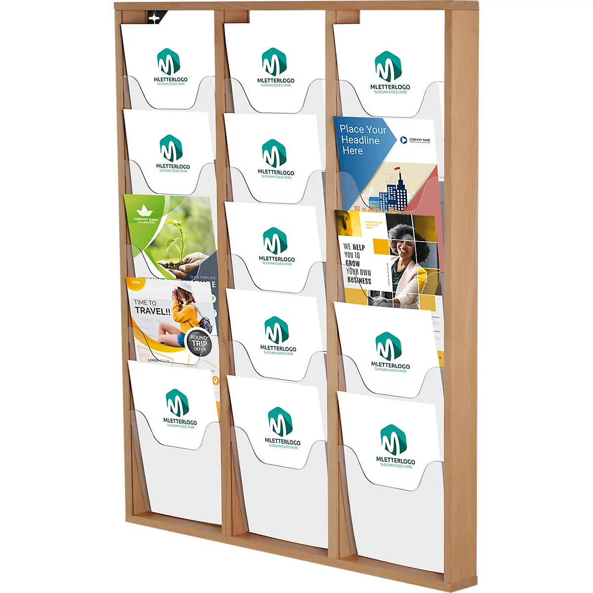 Update Display brochurehouder WoodMagazine, wandmodel, enkelzijdig, hout en acrylglas, beuken, 15 A4-compartimenten per stuk