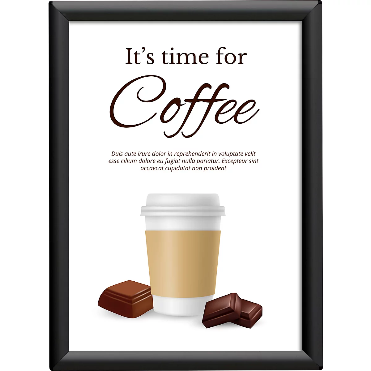 Image encadrée avec une tasse de café et des morceaux de chocolat. Le texte dit : It's time for Coffee.