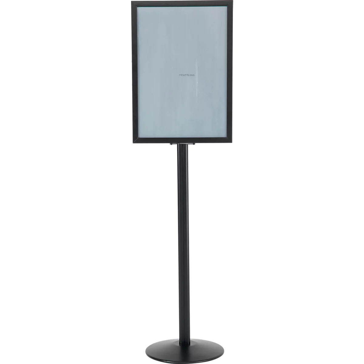 Zwart bord op standaard, rechthoekig frame, ronde basis.
