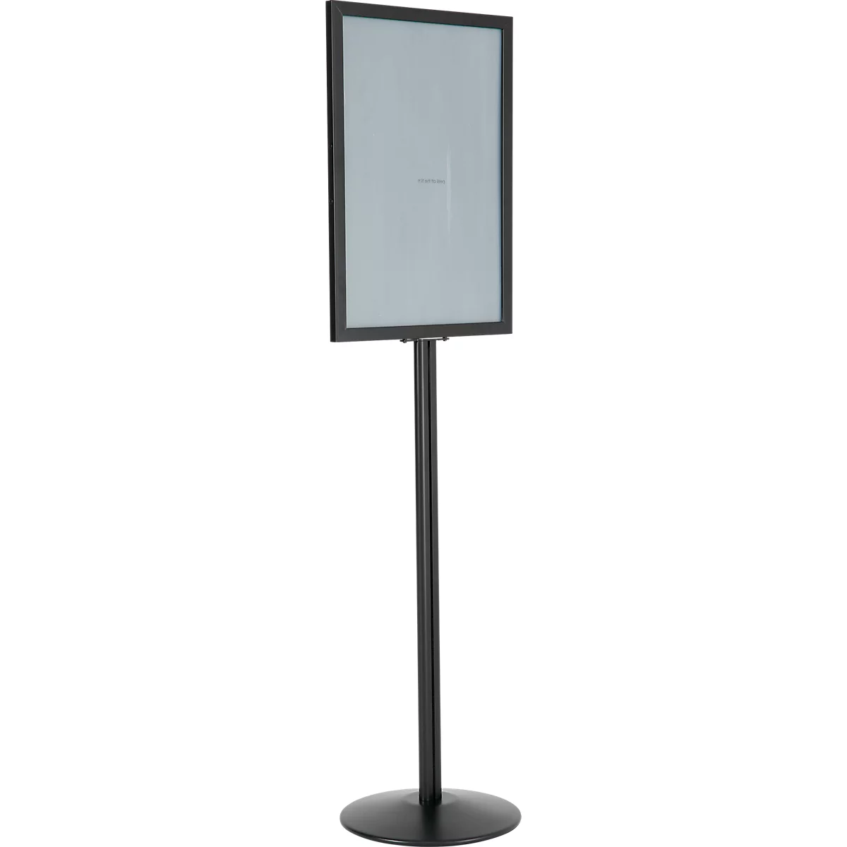 Schwarzes Schild auf Ständer; rechteckiges Schild mit grauer Fläche, darauf kleiner Text; runder Fuß.