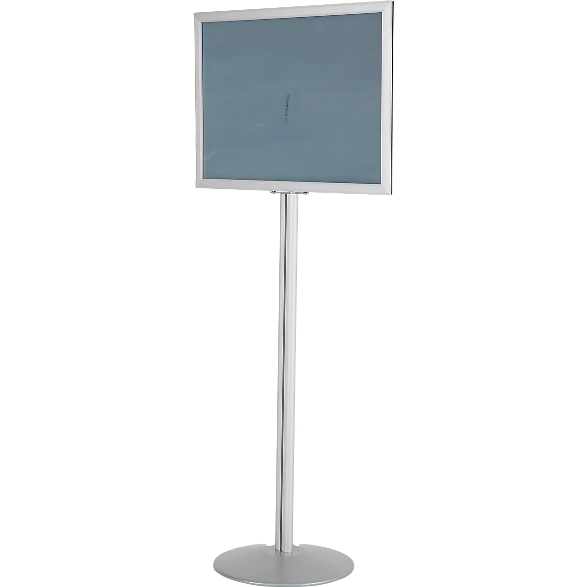 Eine silberne Standtafel mit rechteckigem Display, das auf einem runden Fuß steht.