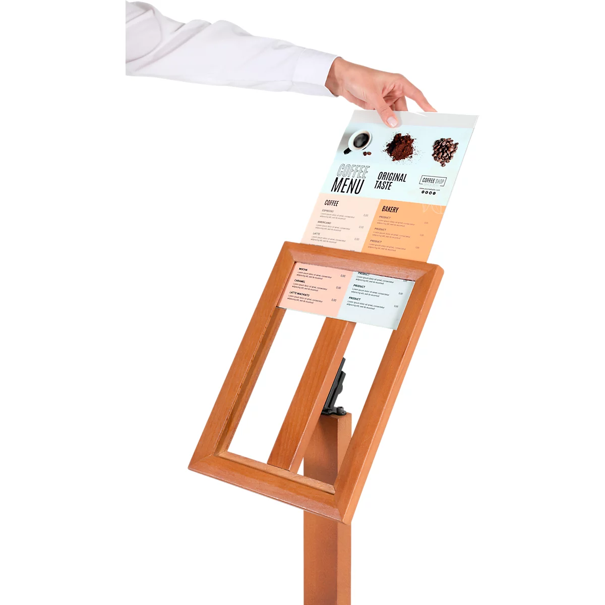 Update Display Infoständer WOOD, Buchenholz, Hoch- und Querformat, Buche, DIN A3