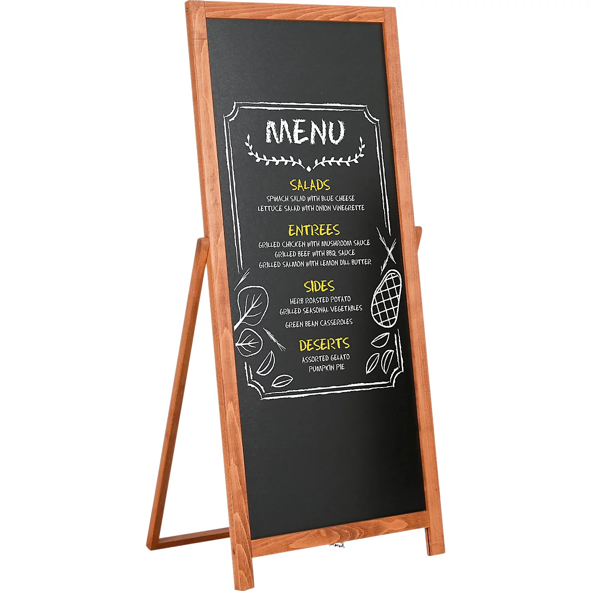 Houten menubord met krijt handgeschreven tekst. Lijst met salades, voorgerechten, bijgerechten en desserts.