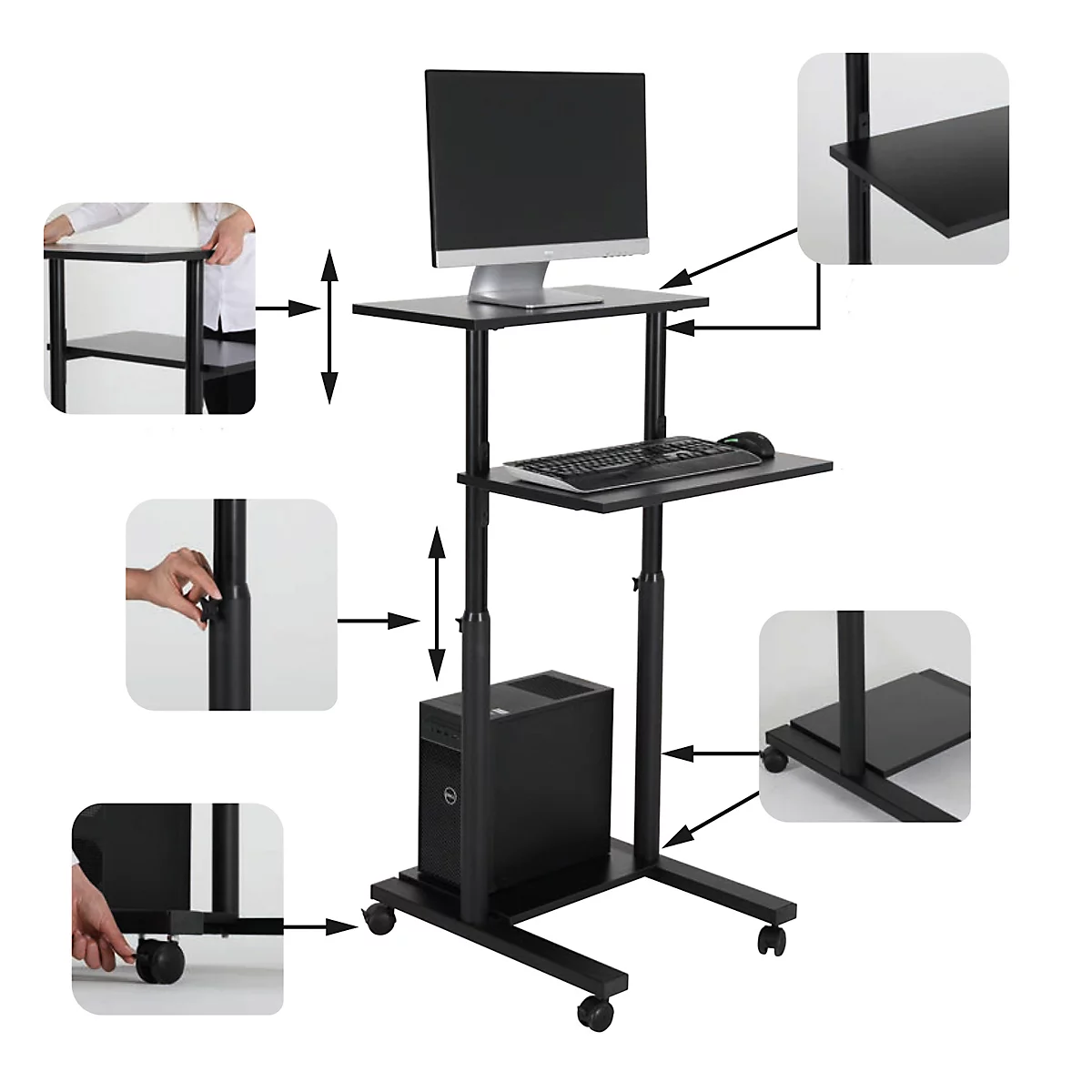 Update Display mobile Arbeitsstation BLACK, höhenverstellbar, Laufrollen mit Feststell-Bremse, schwarz