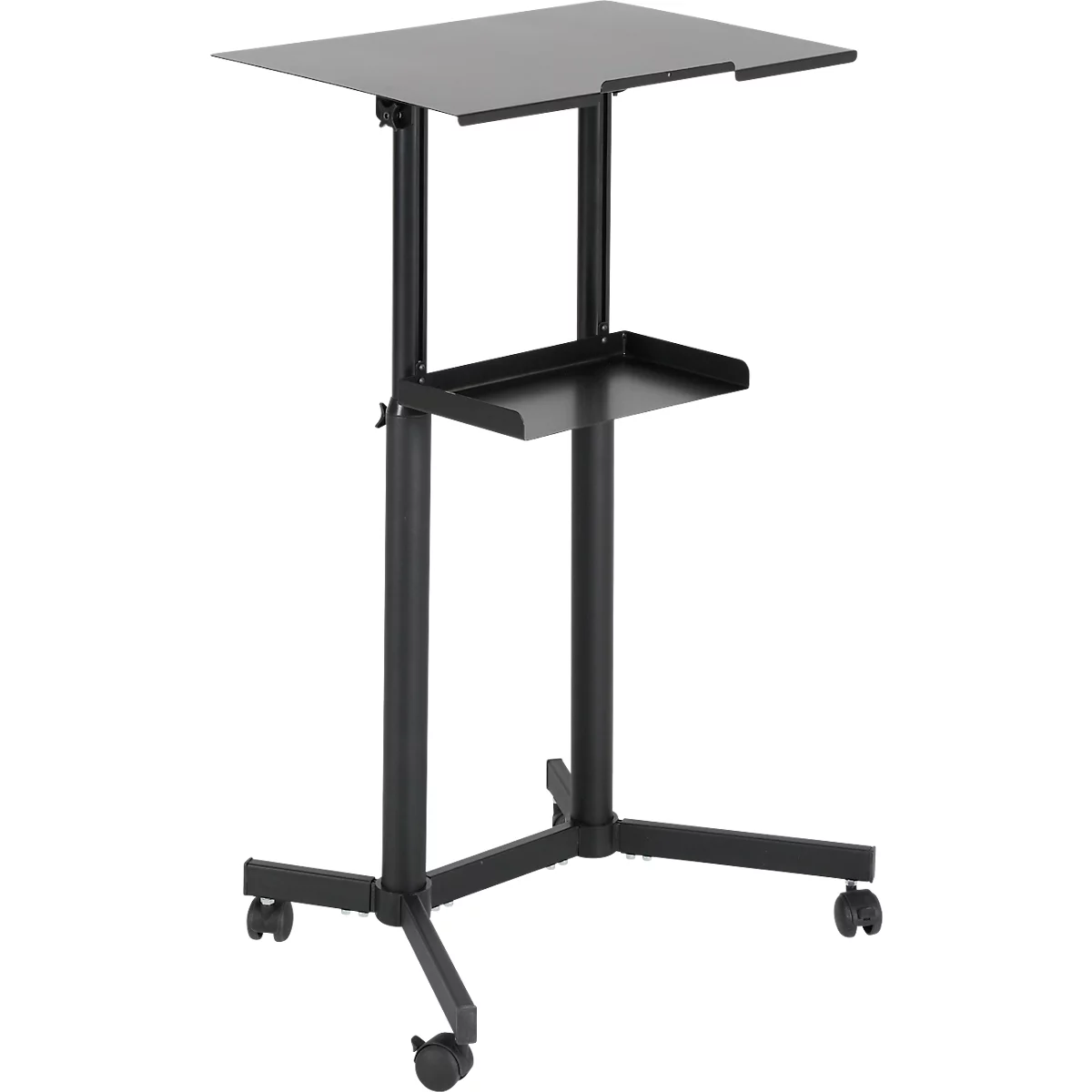 Black, height-adjustable laptop stand on wheels, with shelf. The design is minimalist.