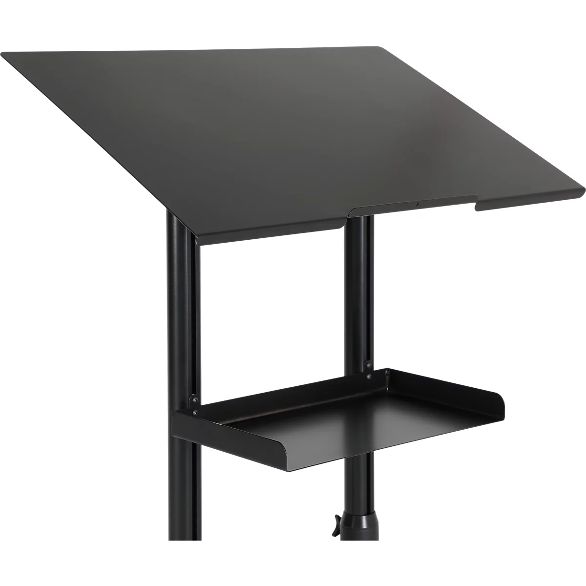 Black podium. Angled top shelf with cutouts, a horizontal shelf below, and pillar.
