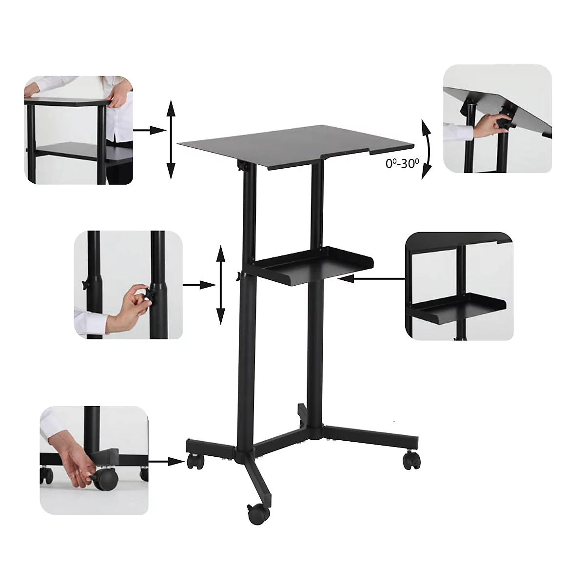 Black height-adjustable standing desk. Details show the adjustable features.