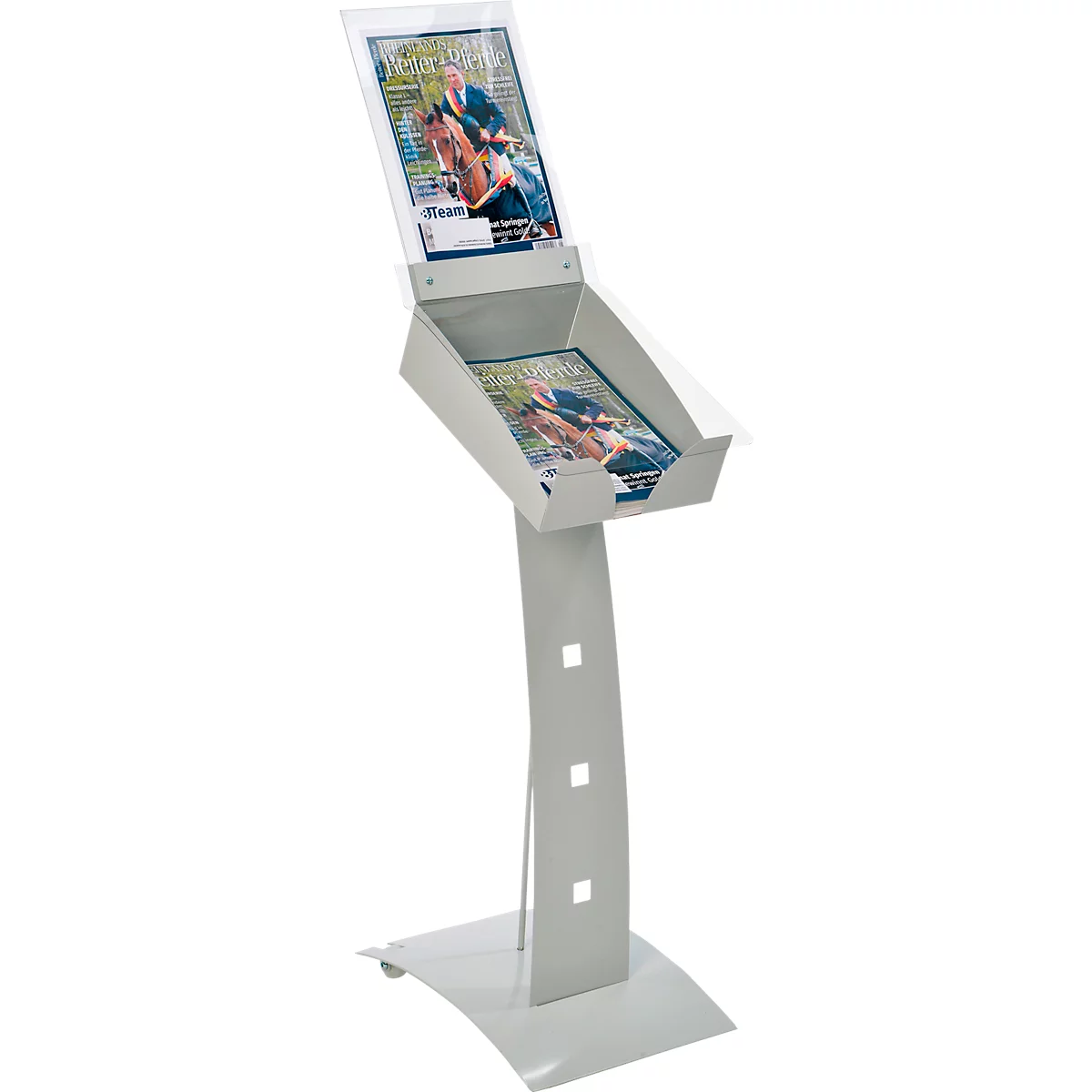 Update Display Prospektständer Outdoor PLUS, DIN A4, mobil mit Laufrollen, Lochblech-Design, silber
