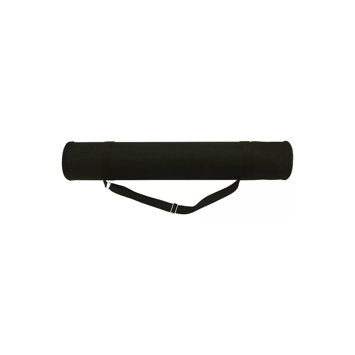 A black, cylindrical bag with a shoulder strap. The bag is oblong, made of fabric, and has metal rings.