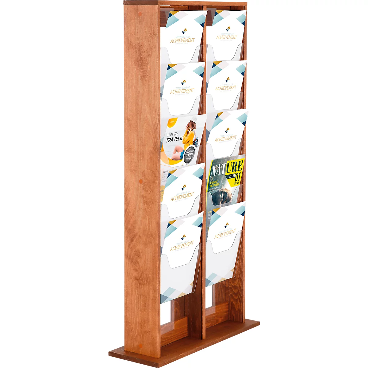 Update Display vloerstandaard WoodMagazine, 20 DIN A4, dubbelzijdig, beukenhout, acrylglas, vrijstaand, beuken